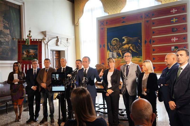La conferenza stampa di ieri, con il presidente Luca Zaia e la Giunta veneta al completo